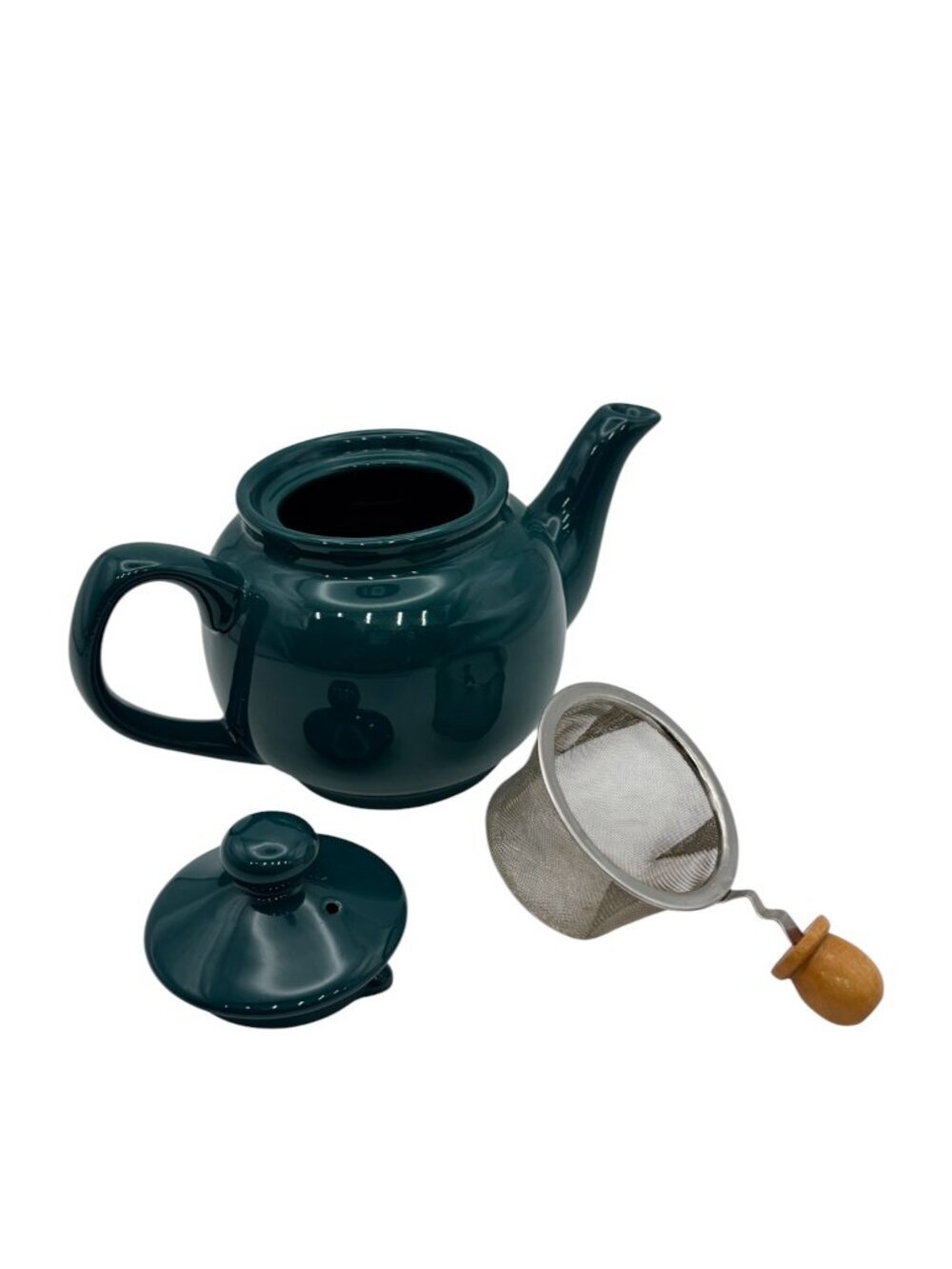 Dark Green Ceramic Teapot w/Stainless Steel Infuser & Wooden Handle Lid – Modern - Picture 8 of 11